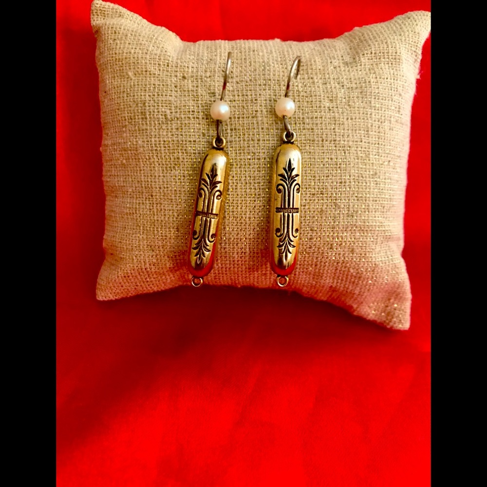 Gold Etched Earrings with Pearl Accent
